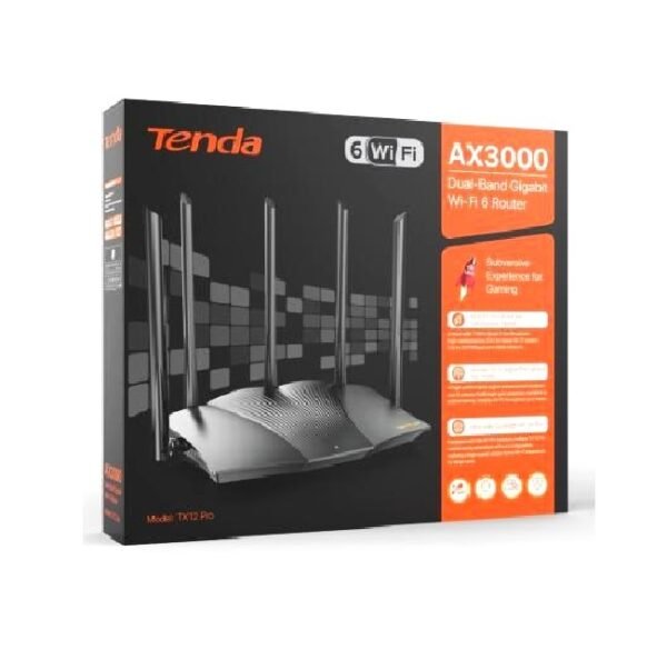 ROUTER TENDA WI FI 6 TX12 PRO DUAL BAND GIGABIT / INTELLIGENT FAULT DIAGNOSIS FUNCTION / 5 ANTENNES 6DPI / 4 PORTS GIGABITS / IPV6 / AX3000