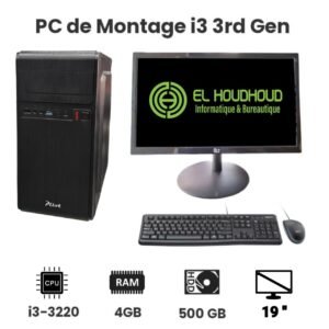 PC DE BUREAU MONTAGE H61/CI3 3220/HDD 500GB/RAM DDR3 4GB/G.DVD/CLAV+SOUR+BAFFLE/ECRAN 19"