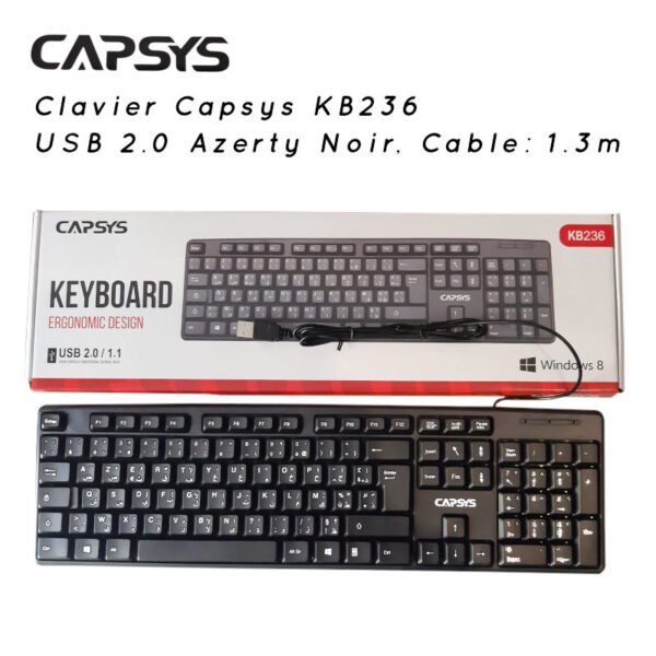 Clavier-Capsys-KB236-USB-2.0-Azerty-Noir-Cable-1.3m CLAVIER USB CAPSYS - KB236